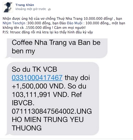 
	
	Người mẫu Trang Trần đang vận động ủng hộ miền Trung 